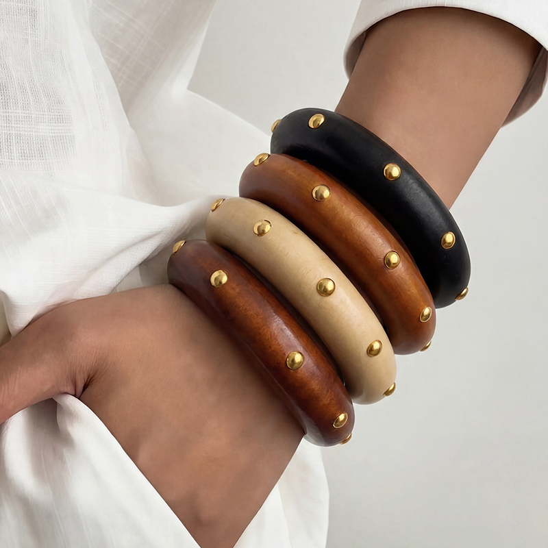 Vintage Fashion Look - 1/4pcs/set Multi-Color Wooden Stud Bracelet –