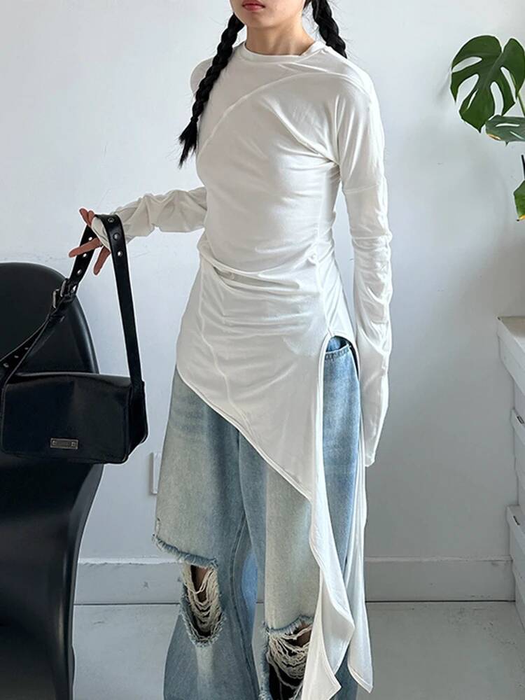 Vintage Fashion Build - Hem Women White Irregular Elegant Long