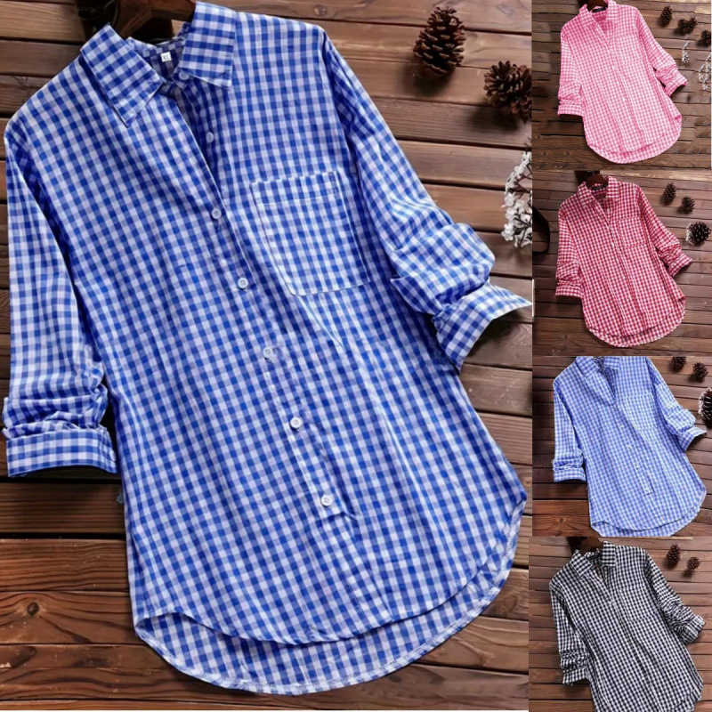 Vintage Fashion Ebay - Loose Plaid Shirt Collar Long Sleeve