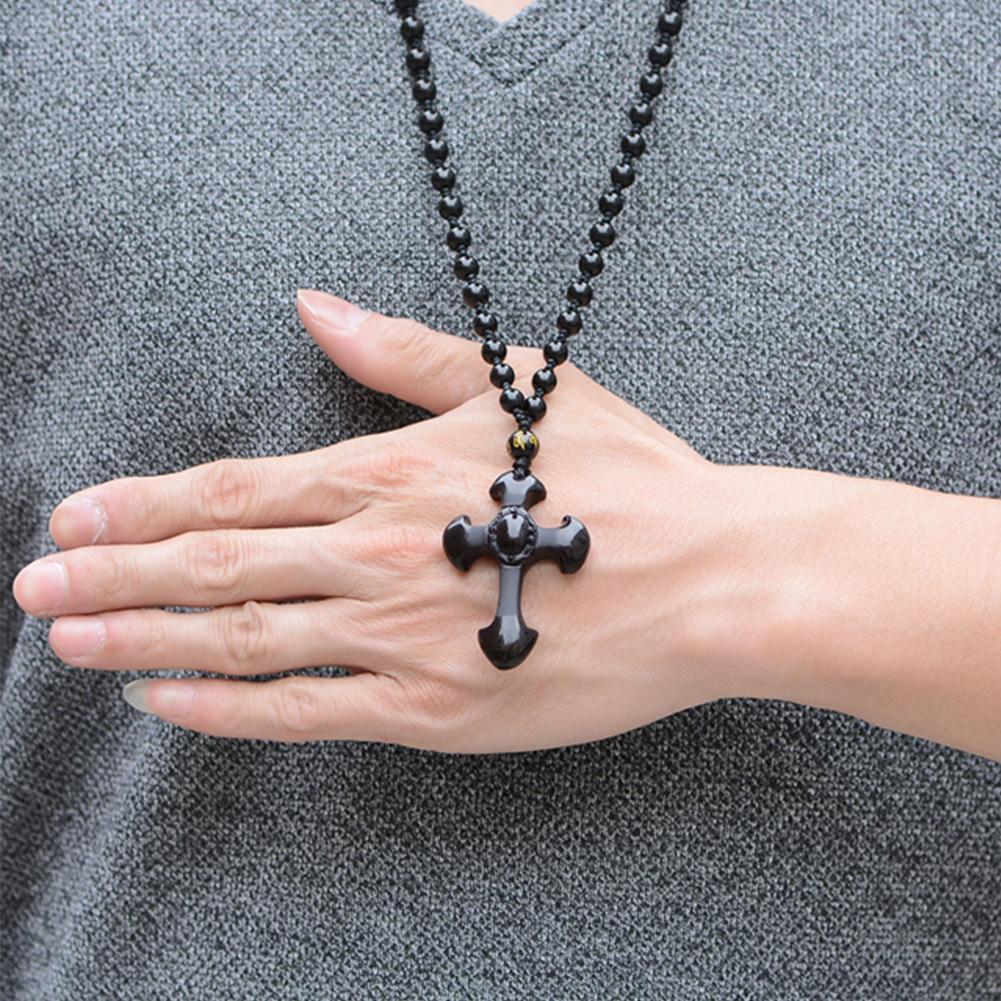 Vintage Fashion Necklace - Vintage Christian Cross Necklace Obsidian Pendant