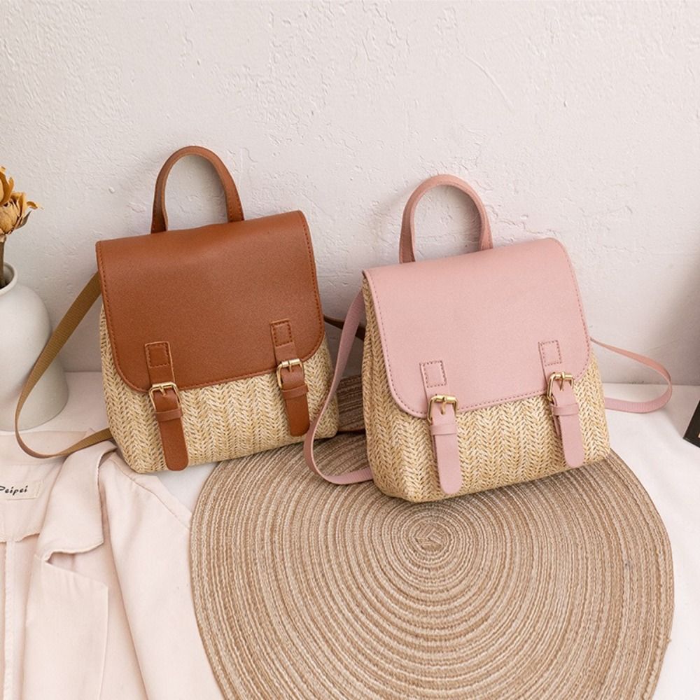 Vintage Fashion Look - Fashion PU Leather Straw Backpack Retro