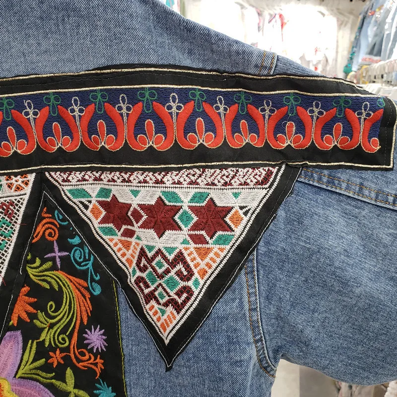 Patchwork Jean Jacket - Vintage Blue Embroidery Sequins Tassels Denim